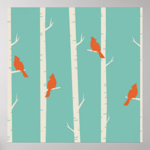 Póster Aves retro Naranjas en el Ilustracion de los Birch