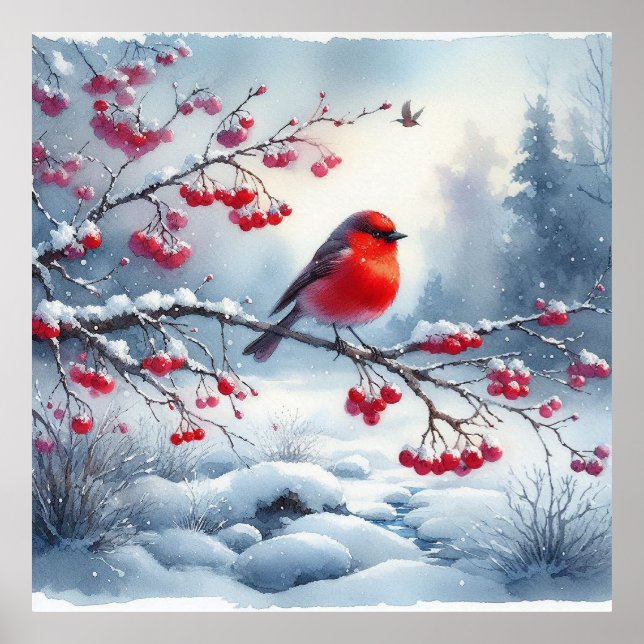 Póster Aves rojas y paisaje invernal 13 (Frente)