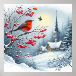 Póster Aves rojas y paisaje invernal 4