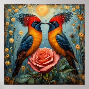 Póster Aves Románticas Caprichosas Sobre Rosa Rosa