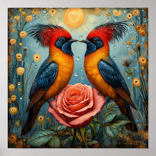 Póster Aves Románticas Caprichosas Sobre Rosa Rosa (Frente)