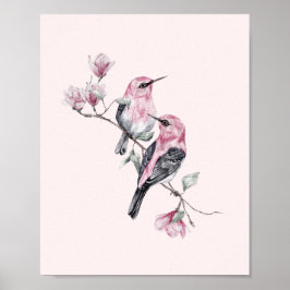 Póster Aves rosadas y negras en una rama de árbol