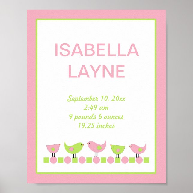 Póster Aves rosadas y verdes Chica Nursery Wall Art (Frente)