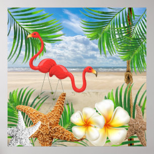 Póster Aves tropicales flamencas en la playa