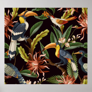 Póster Aves tropicales: Hojas y flores de época