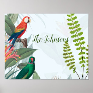 Póster Aves tropicales loros y follaje