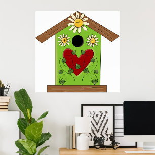 Póster Aves verdes con corazón y margaritas