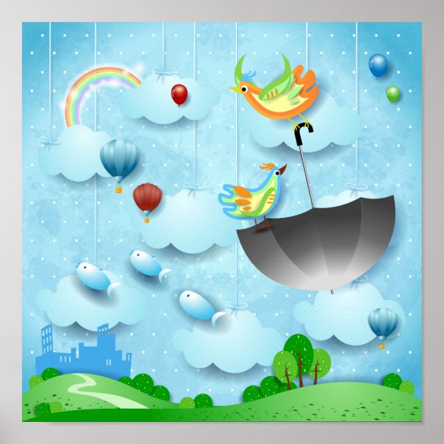 Póster Aves voladoras y paraguas sobre la ciudad (Frente)