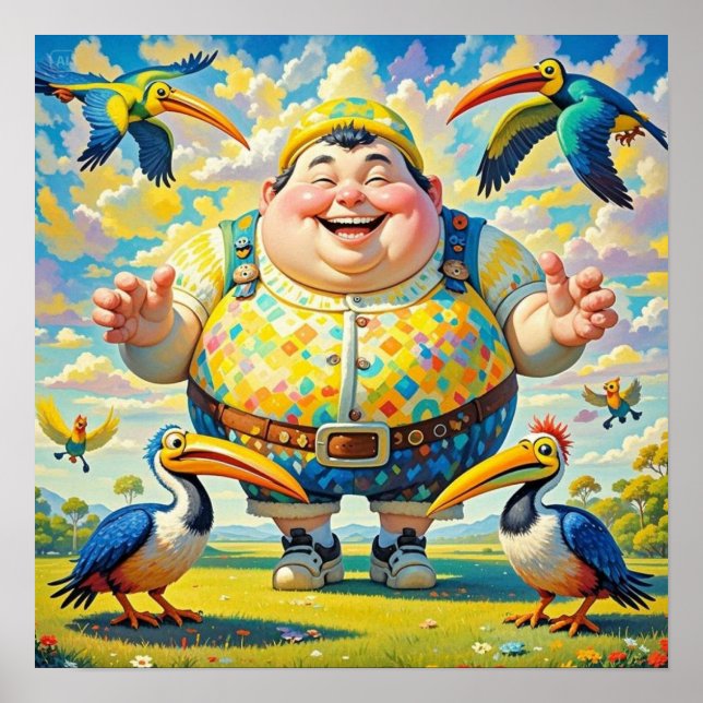 Póster Aves volando alrededor de un hombre feliz (Frente)