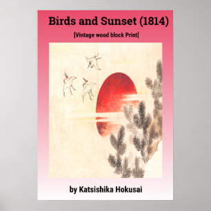 Póster Aves y atardecer de Katsushika Hokusai (1814)