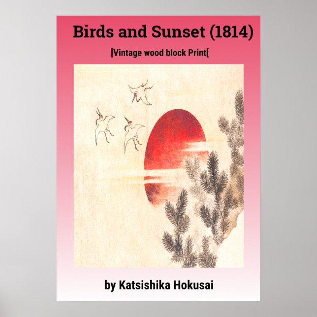 Póster Aves y atardecer de Katsushika Hokusai (1814) (Frente)