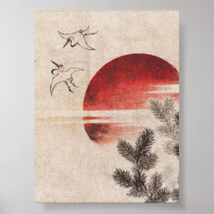 Póster Aves y atardecer de Katsushika Hokusai (1814)