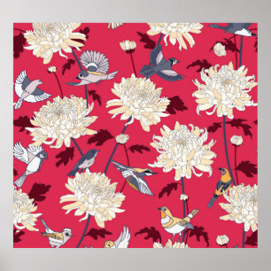 Póster Aves y crisantemos: Vintage floral