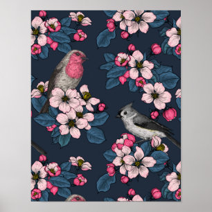 Póster Aves y flores