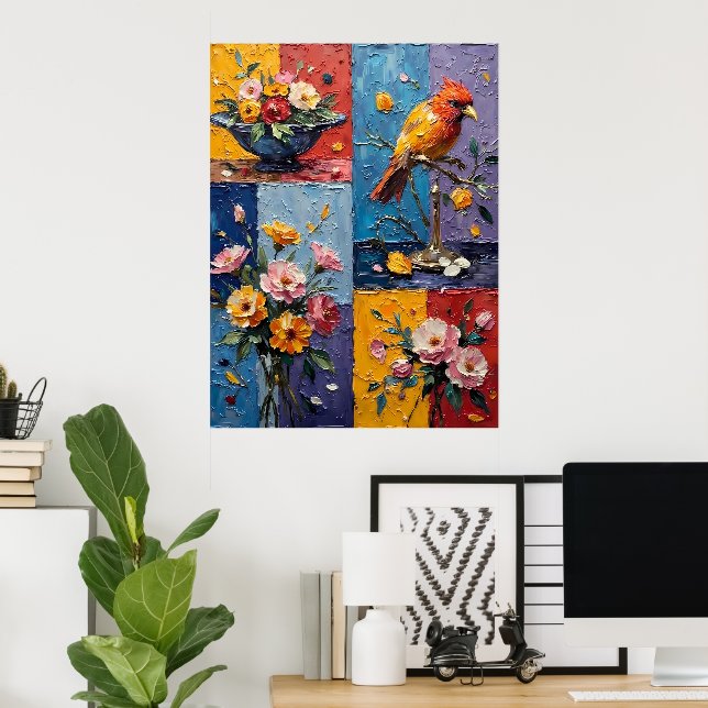 Póster Aves y flores (Oficina en casa)
