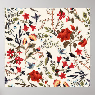 Póster Aves y flores: diseño floral sin foco