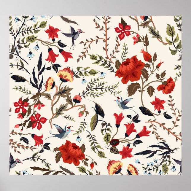 Póster Aves y flores: diseño floral sin foco (Frente)