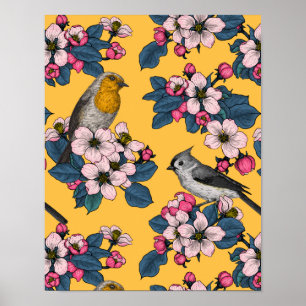 Póster Aves y flores en amarillo