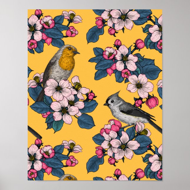 Póster Aves y flores en amarillo (Frente)