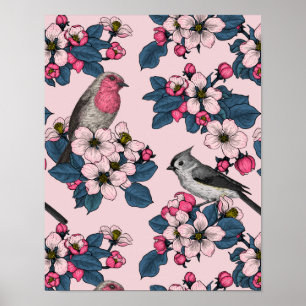 Póster Aves y flores en rosa