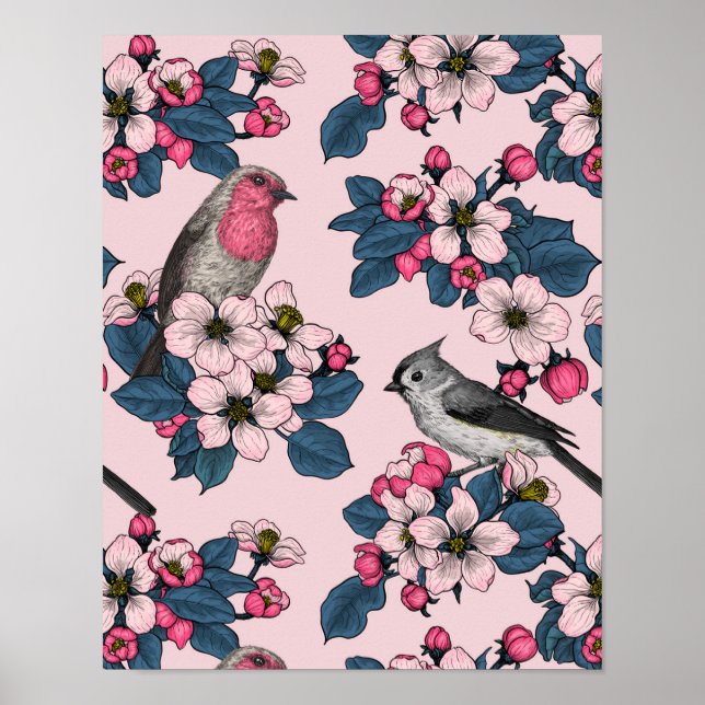 Póster Aves y flores en rosa (Frente)