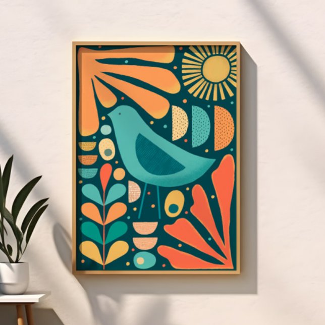 Póster Aves y hojas de inspiración moderna de mediados de (Mid Century Modern Inspired Bird and Leaves Poster)