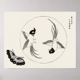 Póster Aves y mariposa de Taguchi Tomoki (1860-1869)