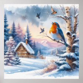 Póster Aves y paisaje invernal 24