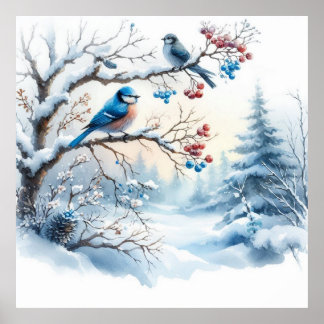 Póster Aves y paisaje invernal 34