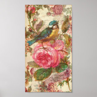 Póster Aves y rosas rosadas