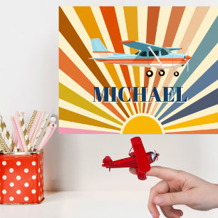 Póster Avión Antiguo Cessna Atardecer Retro Personalizado