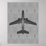 Póster Avión Art Deco, gráfico y gris plateado<br><div class="desc">Impresión en un concepto inspirado en el Art Deco de un plano futurista,  en un gradiente rayado y sedoso de plata a gris de grafito profundo / gris,  contra un fondo gris plateado claro y profundo,  Deco</div>