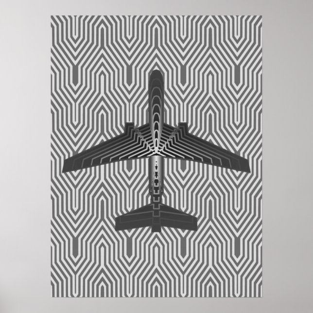 Póster Avión Art Deco, gráfico y gris plateado (Frente)