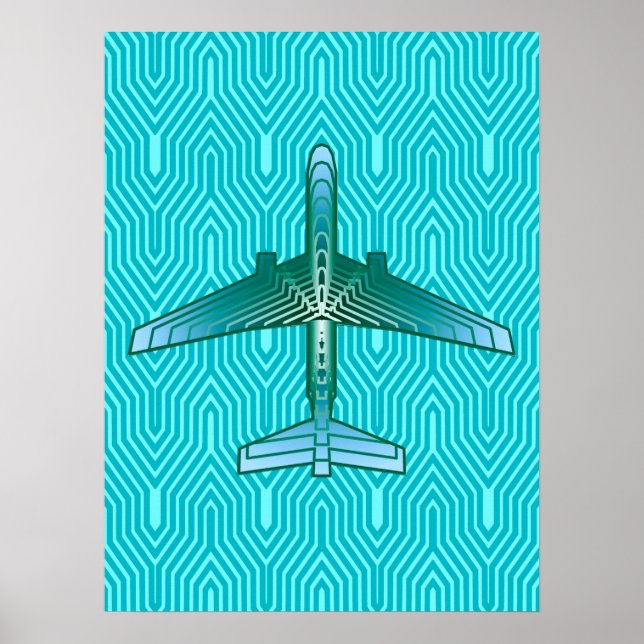 Póster Avión Art Déco, Turquesa, Verde azulado y Aqua (Frente)