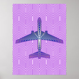 Póster Avión Art Decó, violeta morada y gris plateado