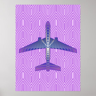 Póster Avión Art Decó, violeta morada y gris plateado