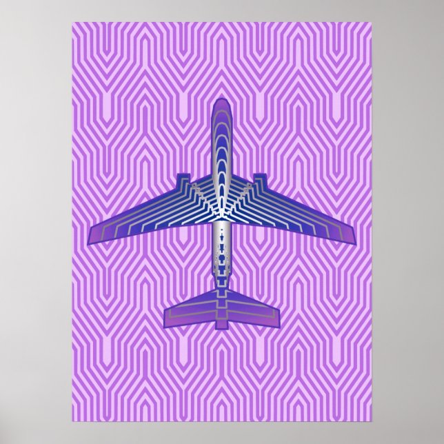 Póster Avión Art Decó, violeta morada y gris plateado (Frente)
