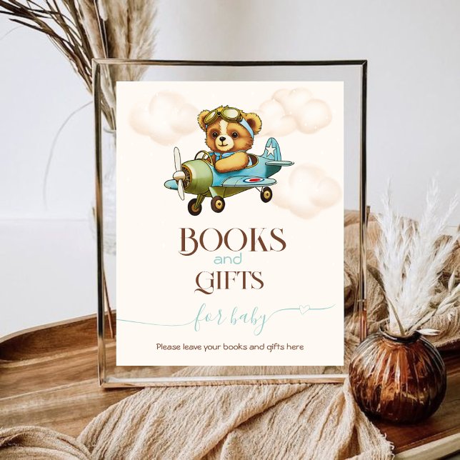 Póster Avión caprichoso Oso de peluche Libros y Regalos (Whimsical Airplane Teddy bear Books and Gifts Poster)