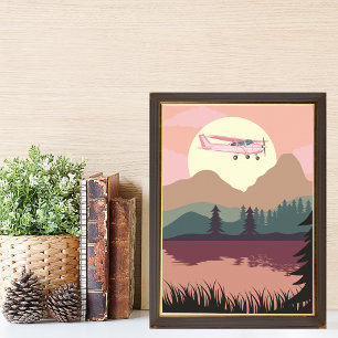 Póster Avión Cessna Rosa Volando Puesta de Sol Lago Bosqu
