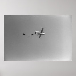Póster Avión de saltar de paracaidistas blancos y negros