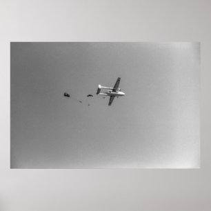Póster Avión de saltar de paracaidistas blancos y negros 