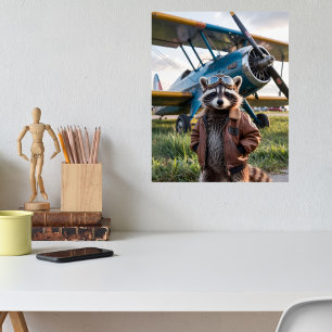 Póster Avión Piloto Mapache Divertido Animal Silvestre