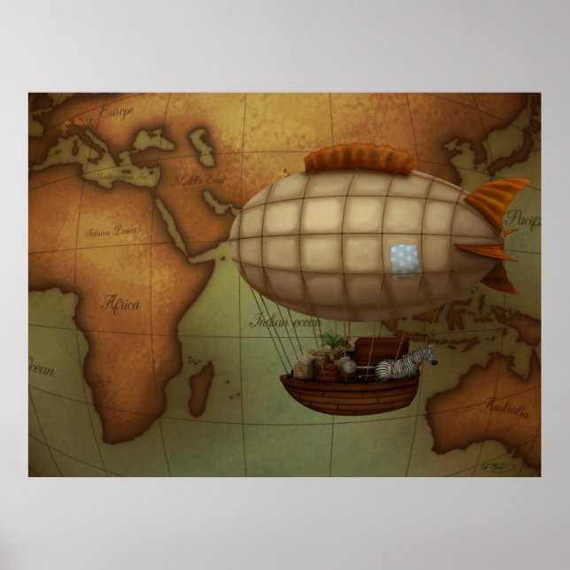 Póster Avión sobre el mapa del hemisferio oriental grande (Frente)