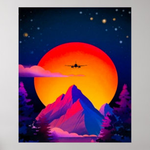 Póster Avión Sunrise de los Montes Neon Brillantes
