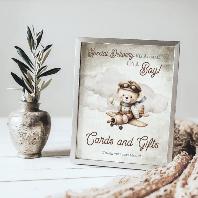 Póster Avión Teddy Bear Ducha Tarjetas y Rótulo de Regalo ("Special Delivery Via Airmail  It's A Boy!" Teddy Bear Airplane Baby Shower Cards and Gifts Sign)