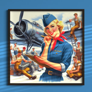 Póster Avión vintage pin-up
