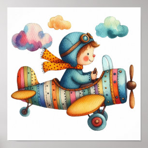 Póster Avión volador infantil con estilo acuarela