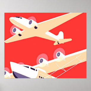 Póster Avión volando vintage WPA colorido