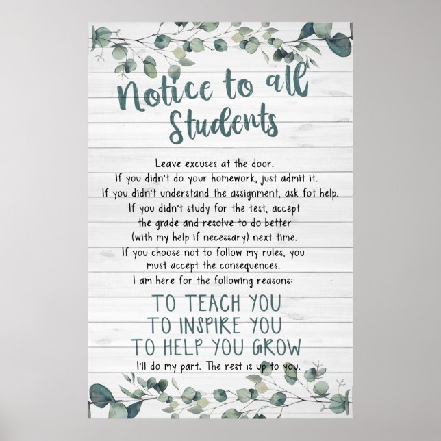 Póster Aviso A Todos Los Estudiantes Poster De Aula (Frente)