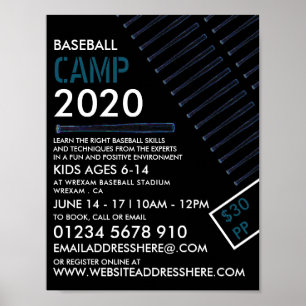 Póster Aviso de Bat de Béisbol de Neón Azul, Campamento d